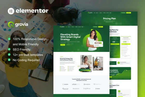 Grovia digital marketing agency Elementor Pro template kit preview