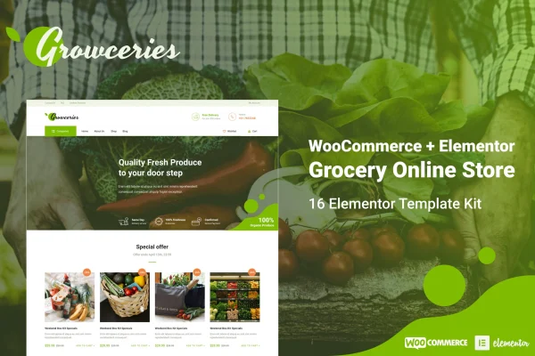 Growceries food and grocery store Elementor template kit preview