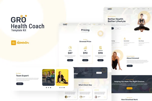 Groweal health coaching Elementor template kit cover showing website page layouts