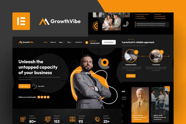 Growth Vibe business consulting Elementor template kit page previews