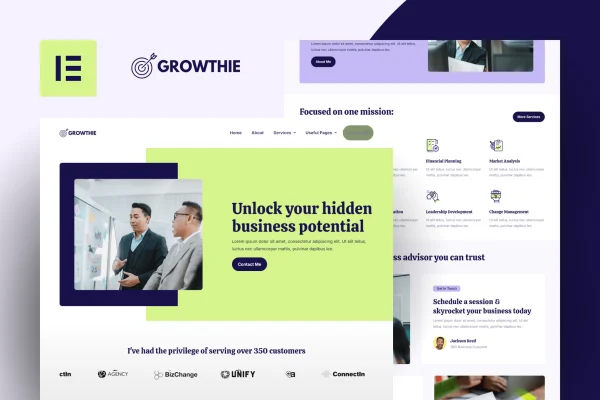 Growthie business coach Elementor template kit page previews