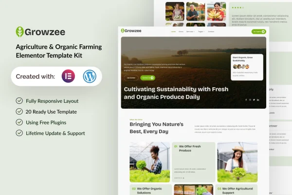 Growzee agriculture and organic farming Elementor template kit preview