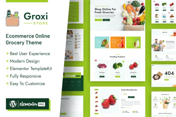 Groxi grocery store Elementor template kit preview