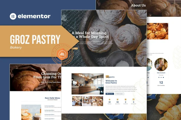 Groz Pastry bakery Elementor template kit cover showing pastry website page designs