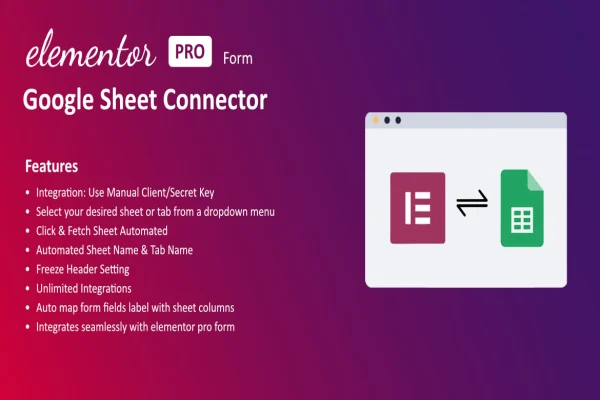 GSheet Connector For Elementor Forms plugin banner showing Elementor forms linked to Google Sheets