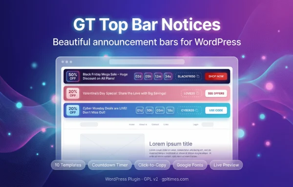 GT Top Bar Notices plugin banner showing an announcement bar at the top of a website
