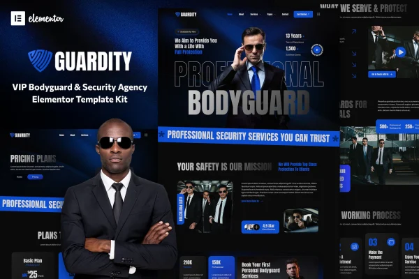 Guardity Elementor template kit preview for a VIP bodyguard and security agency website