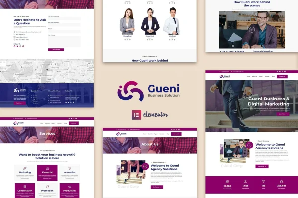 Gueni business Elementor template kit page previews