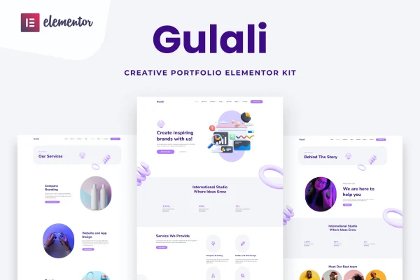 Gulali creative portfolio Elementor template kit preview showing page layouts