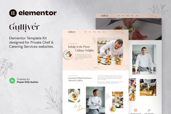 Gulliver private chef Elementor template kit cover showing website page layouts