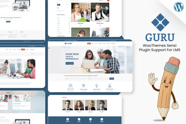 Guru learning management WordPress theme preview with online course pages