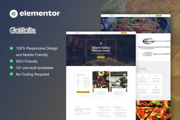 Gustoita Italian restaurant Elementor template kit cover image
