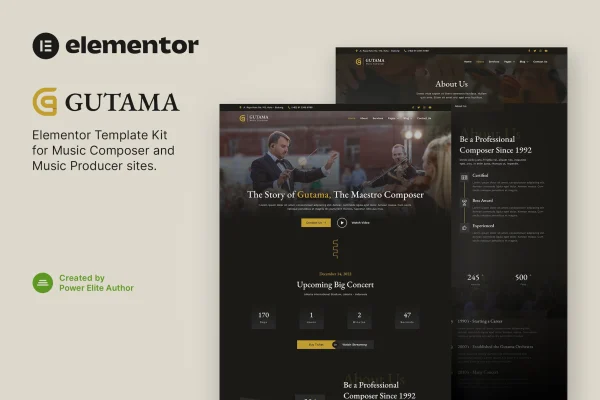 Gutama music composer and producer Elementor template kit cover with dark page layouts