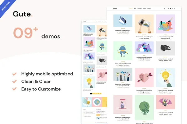 Gute minimalist blog Elementor template kit preview