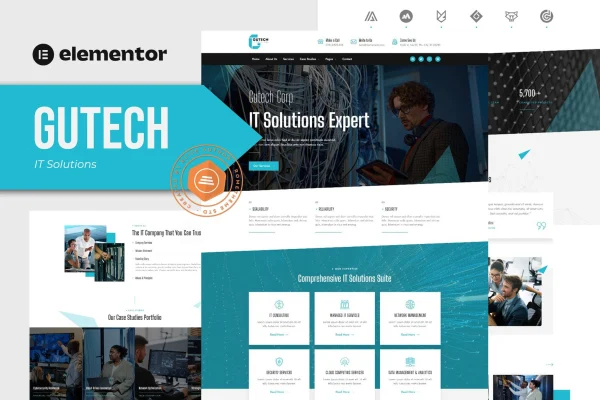 Gutech IT Solutions Elementor template kit preview showing tech company page layouts