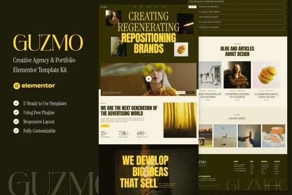 Guzmo creative agency and portfolio Elementor template kit preview