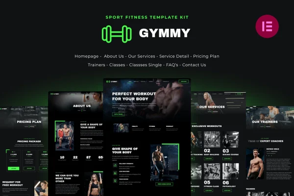 Gymmy fitness and gym Elementor template kit cover image