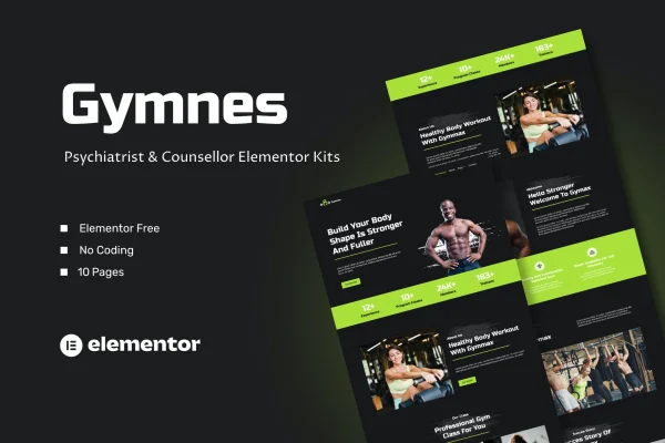 Gymnes fitness and gym Elementor template kit page previews