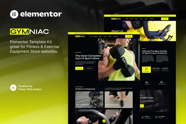 Gymniac fitness and exercise equipment store Elementor template kit preview