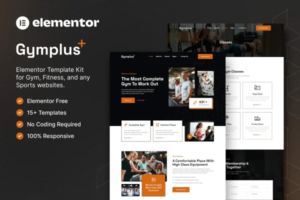 Gymplus gym and fitness Elementor template kit cover showing page designs