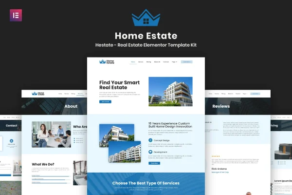 H-Estate real estate Elementor template kit cover showing property website page layouts