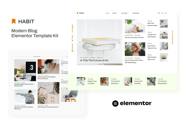 Habit modern blog Elementor template kit cover with blog page layouts
