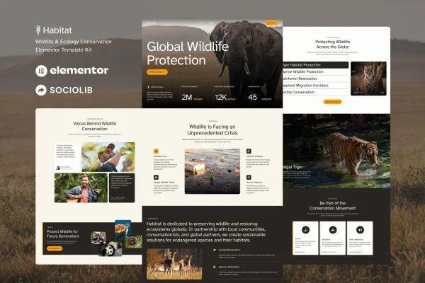 Habitat wildlife and ecology conservation Elementor template kit preview