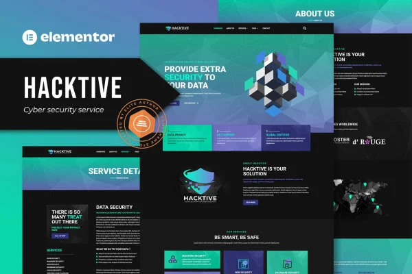 Hacktive cyber security Elementor template kit preview with dark, colorful page designs
