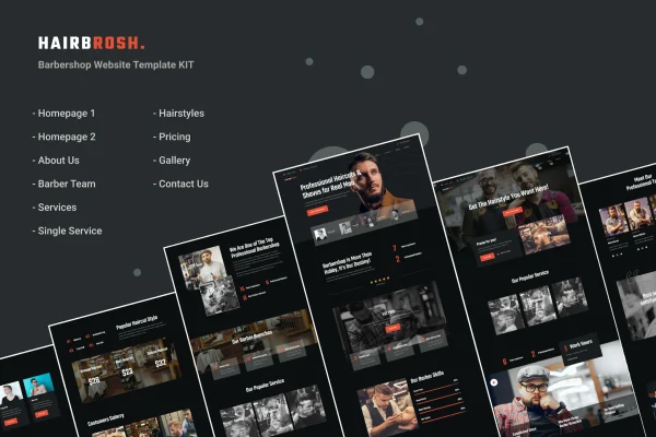 Hairbrosh barbershop and hair salon Elementor template kit preview