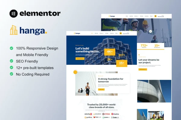 Hanga construction and building Elementor template kit preview