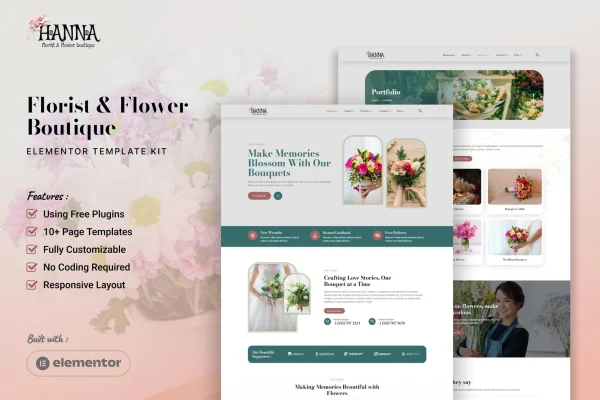 Hanna florist and flower boutique Elementor template kit preview