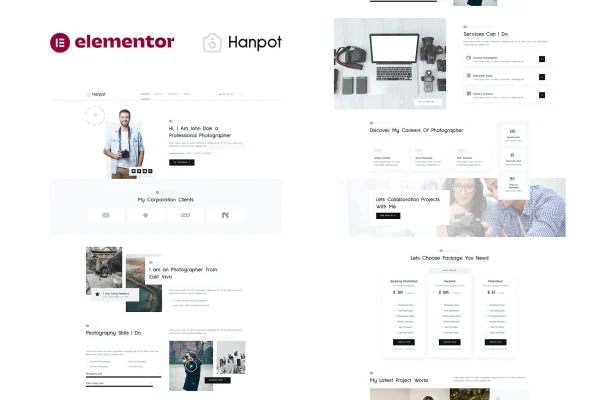 Hanpot photographer portfolio Elementor template kit preview in black and white