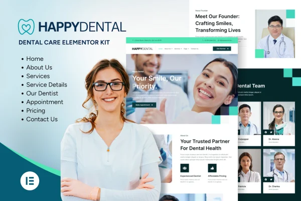 Happy Dental Elementor template kit preview for a dental care website