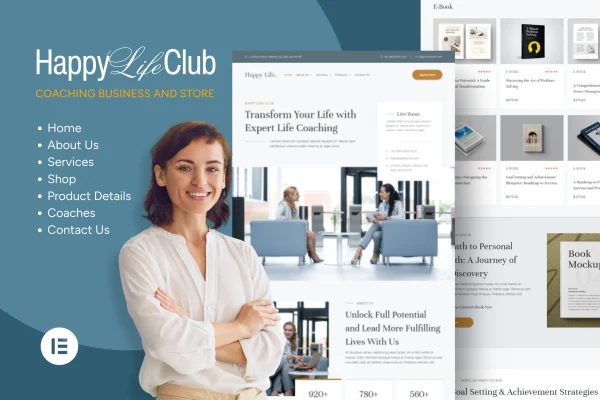 Happy Life Club business tutor Elementor template kit preview