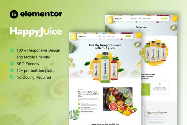 HappyJuice juice and fresh drink Elementor Pro template kit preview