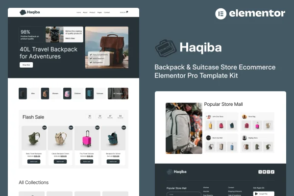 Haqiba backpack and suitcase store Elementor template kit preview