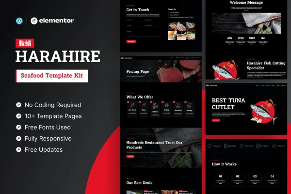 Harahire seafood Elementor template kit cover showing restaurant website page layouts