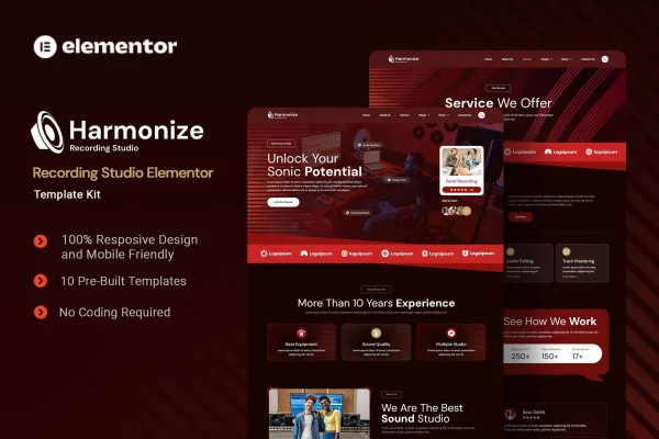 Harmonize recording studio Elementor template kit preview