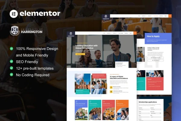 Harrington university and education Elementor Pro template kit preview