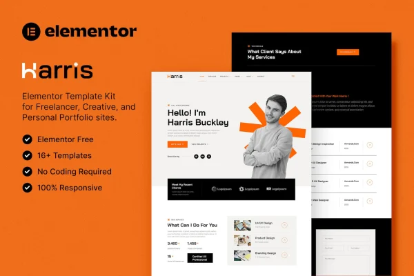Harris creative personal portfolio Elementor template kit preview