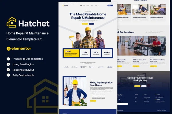 Hatchet home repair and maintenance Elementor template kit preview