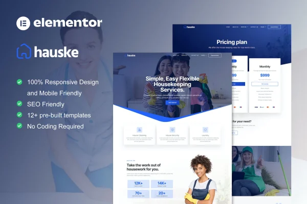 Hauske housekeeping and cleaning services Elementor template kit preview