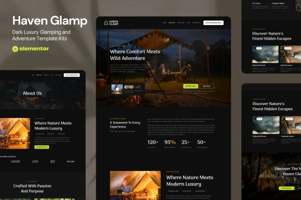 Haven Glamp dark luxury glamping Elementor template kit preview