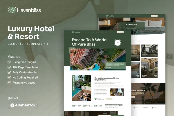 Havenbliss luxury hotel and resort Elementor template kit preview