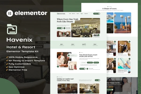 Havenix hotel and resort Elementor template kit cover image