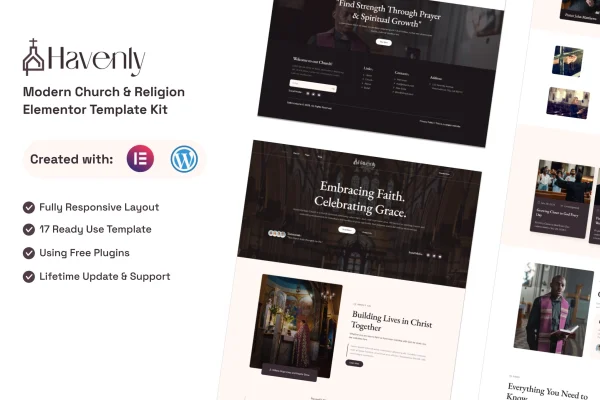 Havenly church and religion Elementor template kit preview