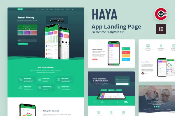 Haya app startup Elementor template kit cover showing website page layouts