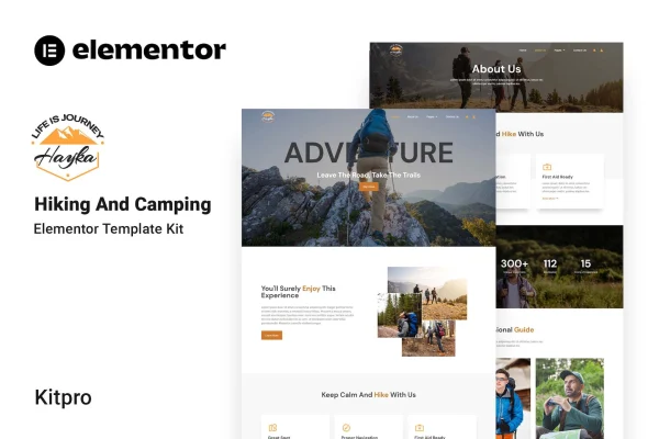 Hayka hiking and camping Elementor template kit preview with outdoor page layouts