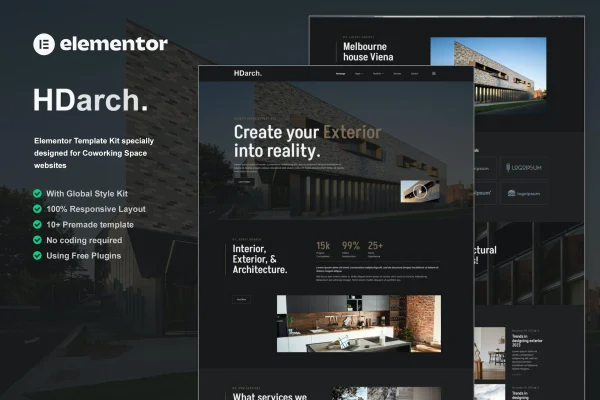 HDarch architecture and interior Elementor template kit preview