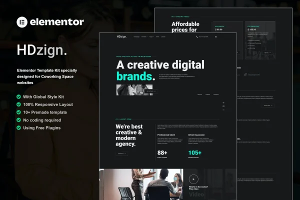 HDzign dark digital agency Elementor template kit cover image